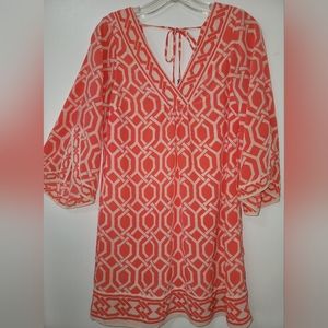 Alice & Trixie 60s Mod Pink White Silk Print Mini Dress Bell Sleeve Shift Small